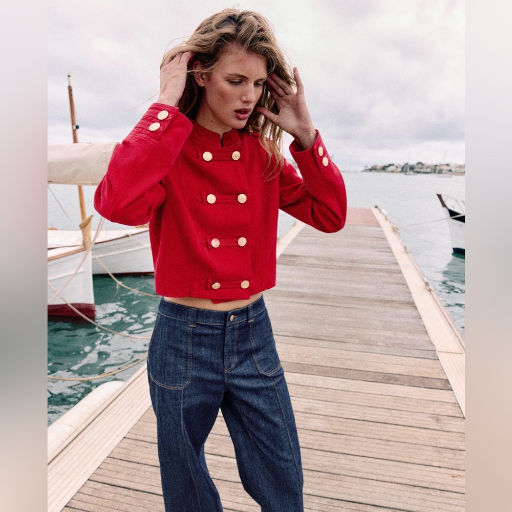 Zara Cropped Red Military-Style Jacket with Gold Buttons Size X-Large NWT